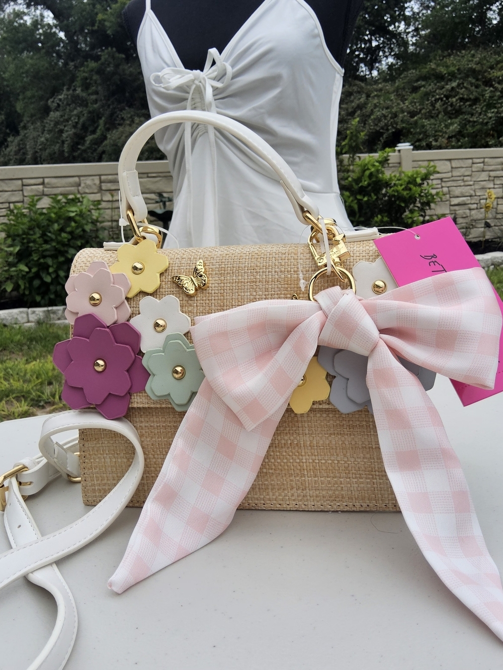 Betsey Johnson Beige Straw Satchel with Pink Bow & Floral Appliqués